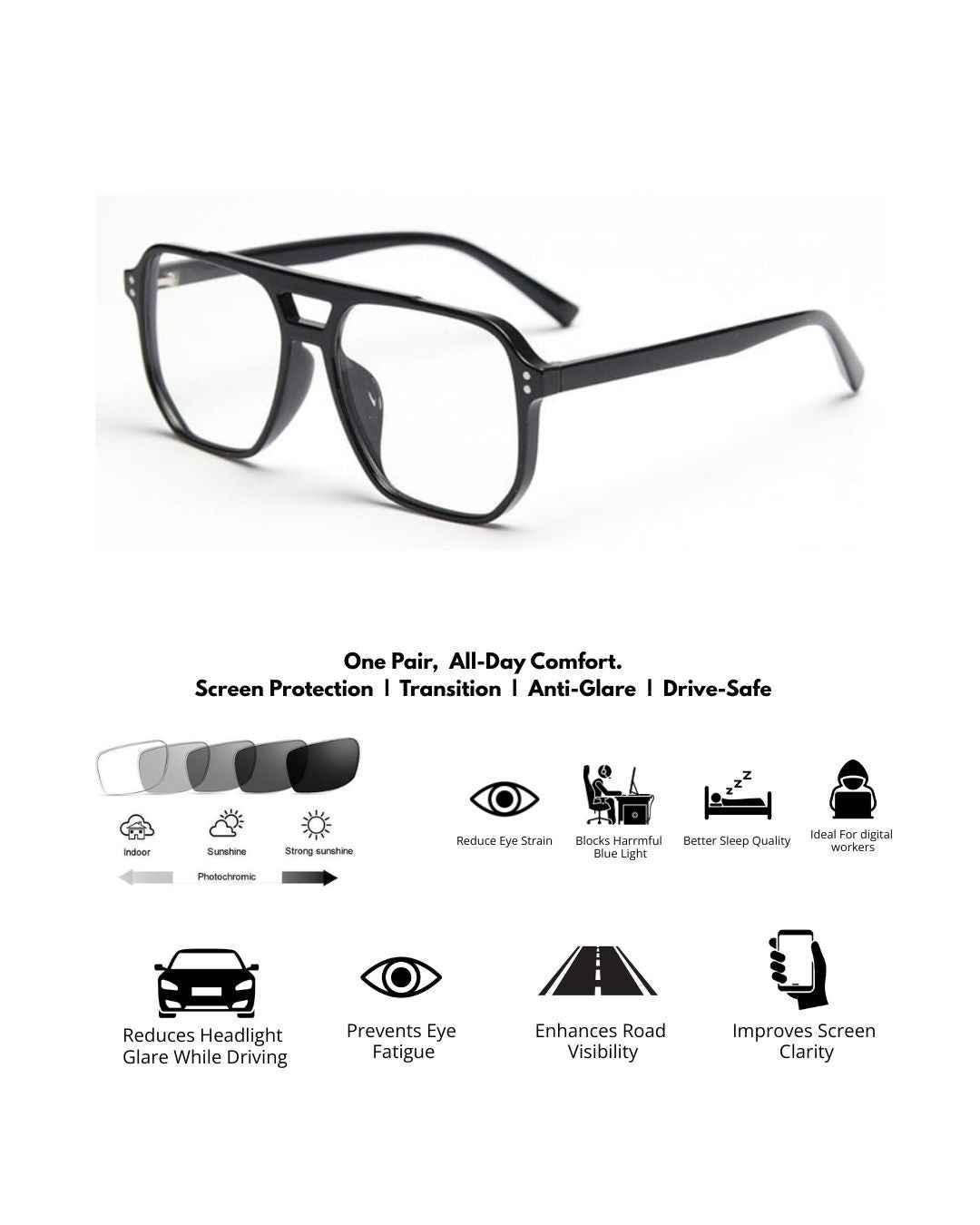 TOM KHAROOS - Screen protection glasses/transition glasses/4 in 1 smart glasses - Aura Shades